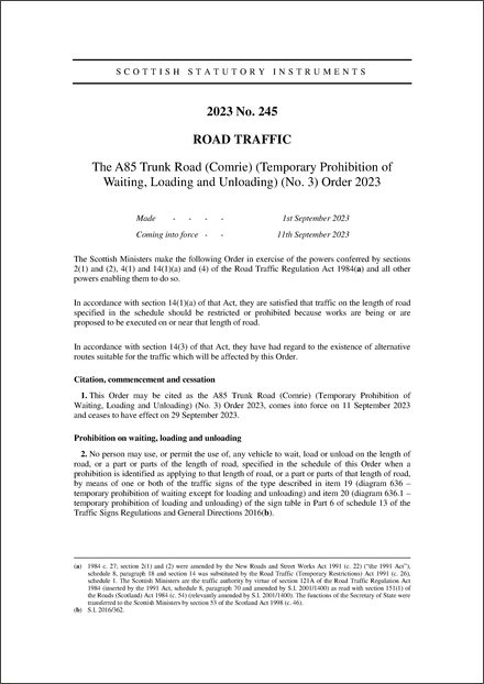 The A85 Trunk Road (Comrie) (Temporary Prohibition of Waiting, Loading and Unloading) (No. 3) Order 2023