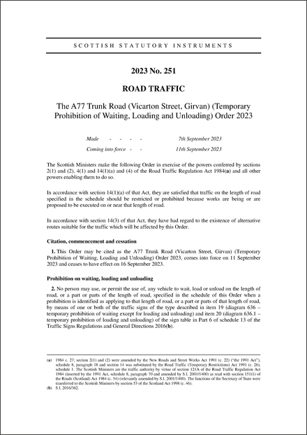 The A77 Trunk Road (Vicarton Street, Girvan) (Temporary Prohibition of Waiting, Loading and Unloading) Order 2023