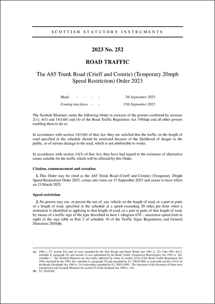 The A85 Trunk Road (Crieff and Comrie) (Temporary 20mph Speed Restriction) Order 2023