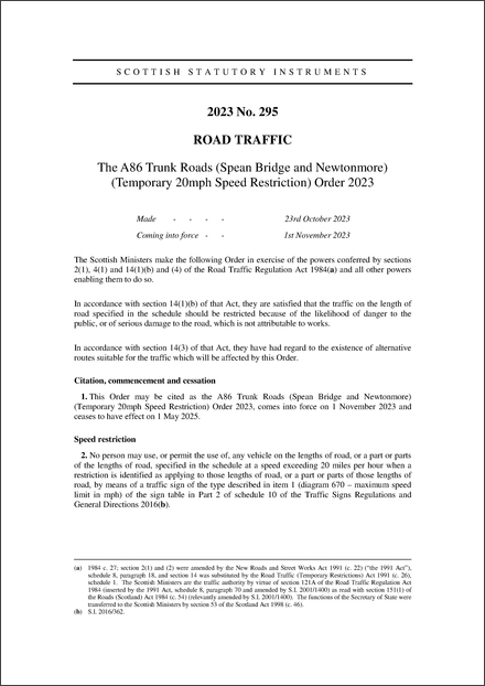 The A86 Trunk Roads (Spean Bridge and Newtonmore) (Temporary 20mph Speed Restriction) Order 2023