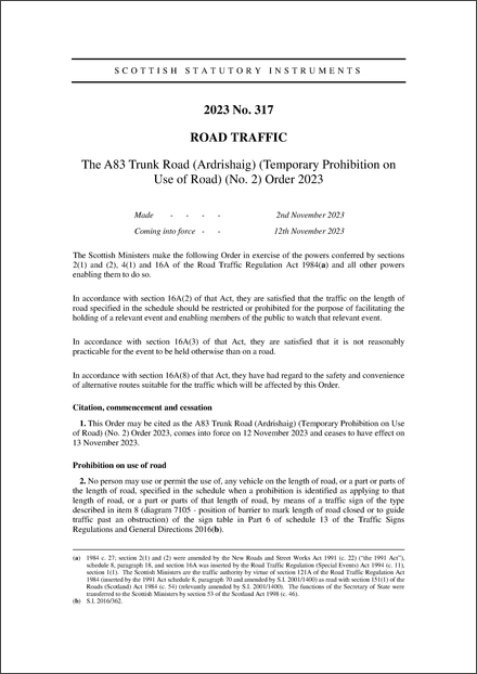 The A83 Trunk Road (Ardrishaig) (Temporary Prohibition on Use of Road) (No. 2) Order 2023