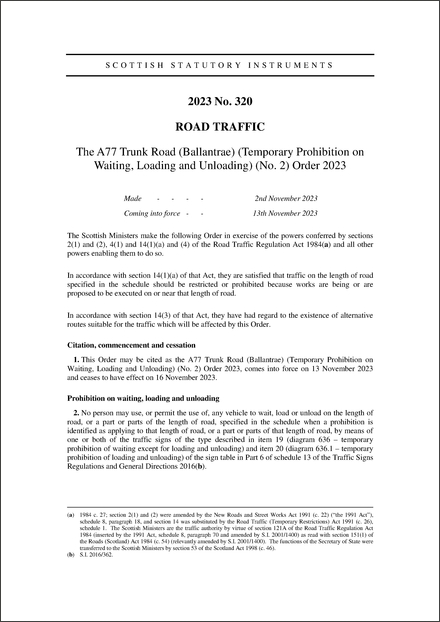 The A77 Trunk Road (Ballantrae) (Temporary Prohibition on Waiting, Loading and Unloading) (No. 2) Order 2023