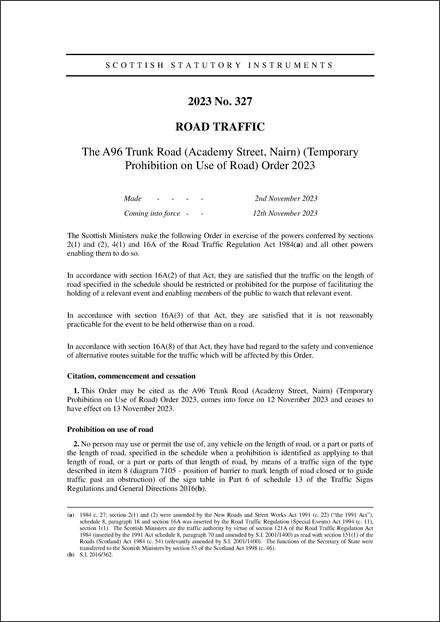 The A96 Trunk Road (Academy Street, Nairn) (Temporary Prohibition on Use of Road) Order 2023