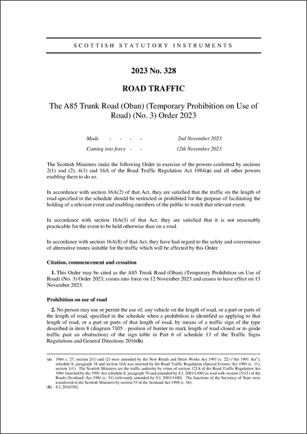 The A85 Trunk Road (Oban) (Temporary Prohibition on Use of Road) (No. 3) Order 2023