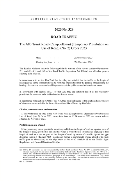 The A83 Trunk Road (Campbeltown) (Temporary Prohibition on Use of Road) (No. 2) Order 2023