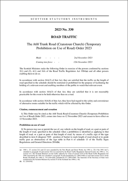 The A68 Trunk Road (Cranstoun Church) (Temporary Prohibition on Use of Road) Order 2023