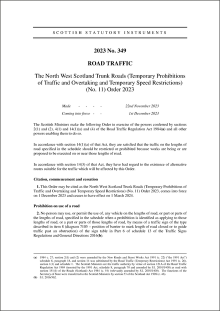 The North West Scotland Trunk Roads (Temporary Prohibitions of Traffic and Overtaking and Temporary Speed Restrictions) (No. 11) Order 2023