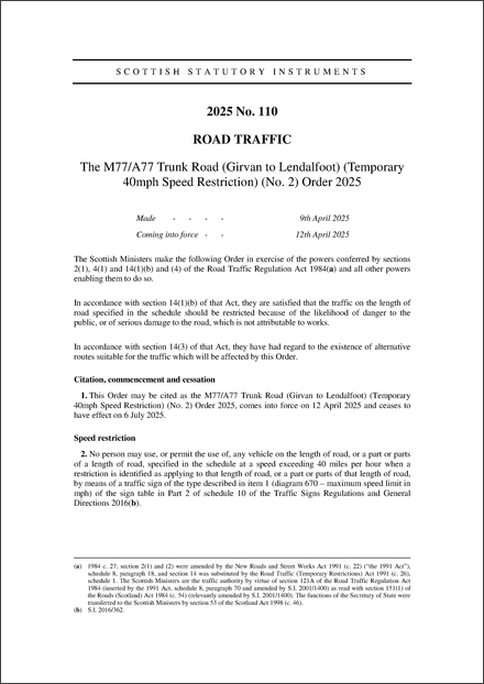 The M77/A77 Trunk Road (Girvan to Lendalfoot) (Temporary 40mph Speed Restriction) (No. 2) Order 2025