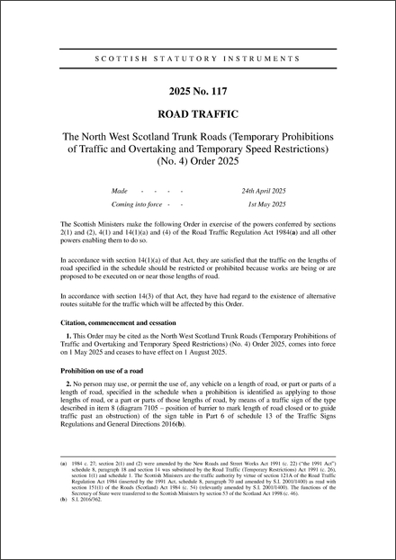 The North West Scotland Trunk Roads (Temporary Prohibitions of Traffic and Overtaking and Temporary Speed Restrictions) (No. 4) Order 2025