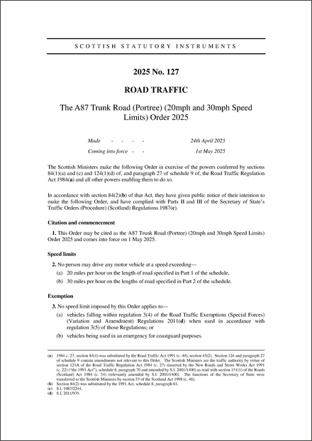 The A87 Trunk Road (Portree) (20mph and 30mph Speed Limits) Order 2025