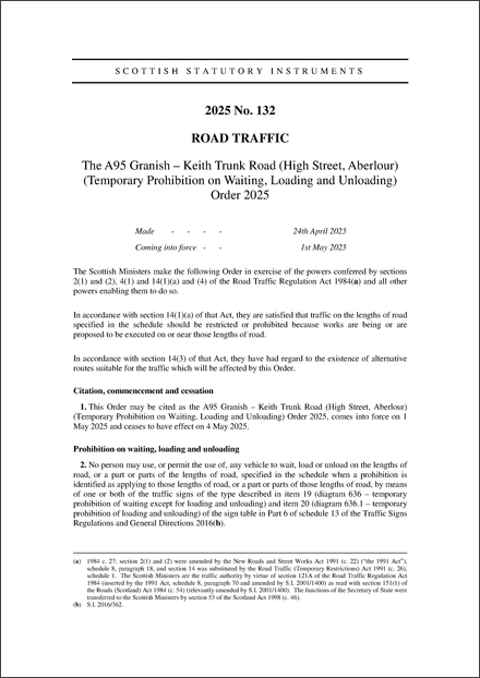 The A95 Granish – Keith Trunk Road (High Street, Aberlour) (Temporary Prohibition on Waiting, Loading and Unloading) Order 2025