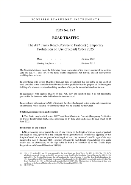 The A87 Trunk Road (Portree to Prabost) (Temporary Prohibition on Use of Road) Order 2025