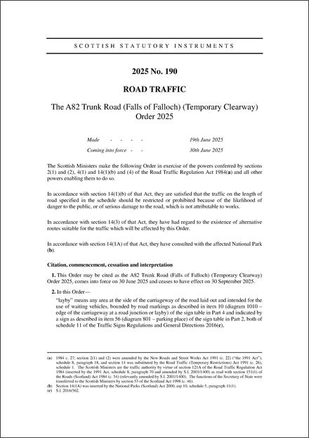 The A82 Trunk Road (Falls of Falloch) (Temporary Clearway) Order 2025