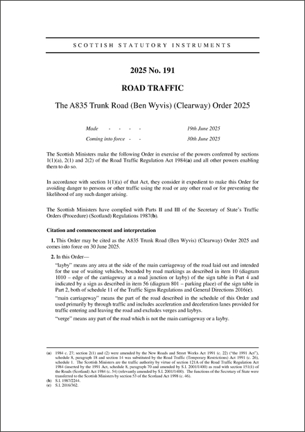 The A835 Trunk Road (Ben Wyvis) (Clearway) Order 2025