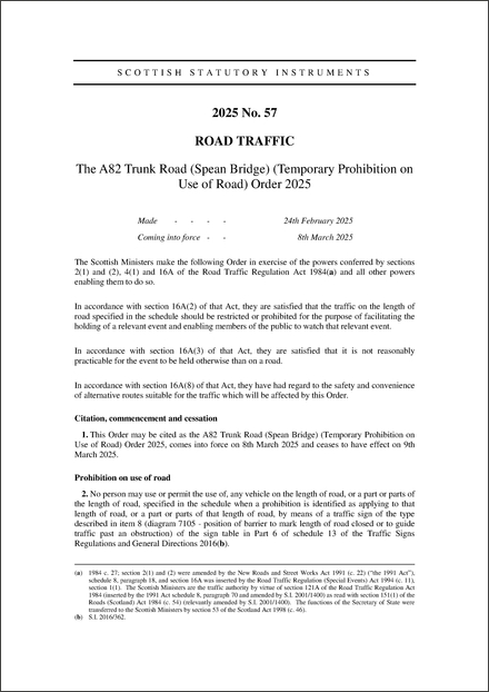 The A82 Trunk Road (Spean Bridge) (Temporary Prohibition on Use of Road) Order 2025