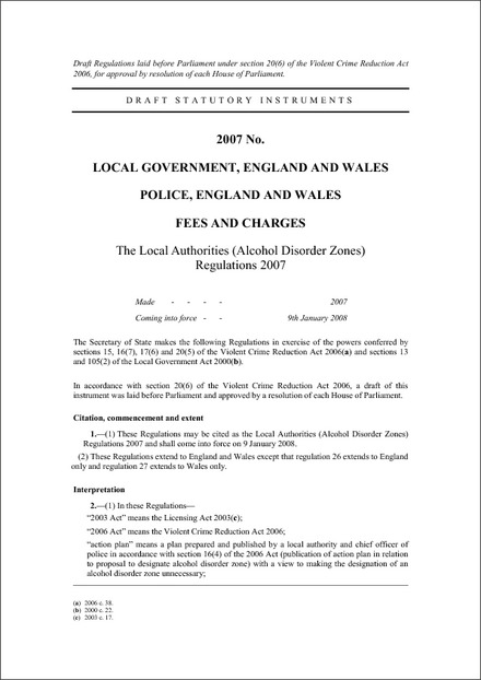 The Local Authorities (Alcohol Disorder Zones) Regulations 2007