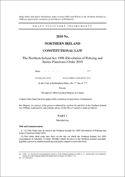 The Northern Ireland Act 1998 (Devolution of Policing and Justice Functions) Order 2010