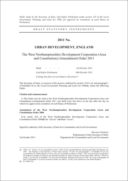 The West Northamptonshire Development Corporation (Area and Constitution) (Amendment) Order 2011