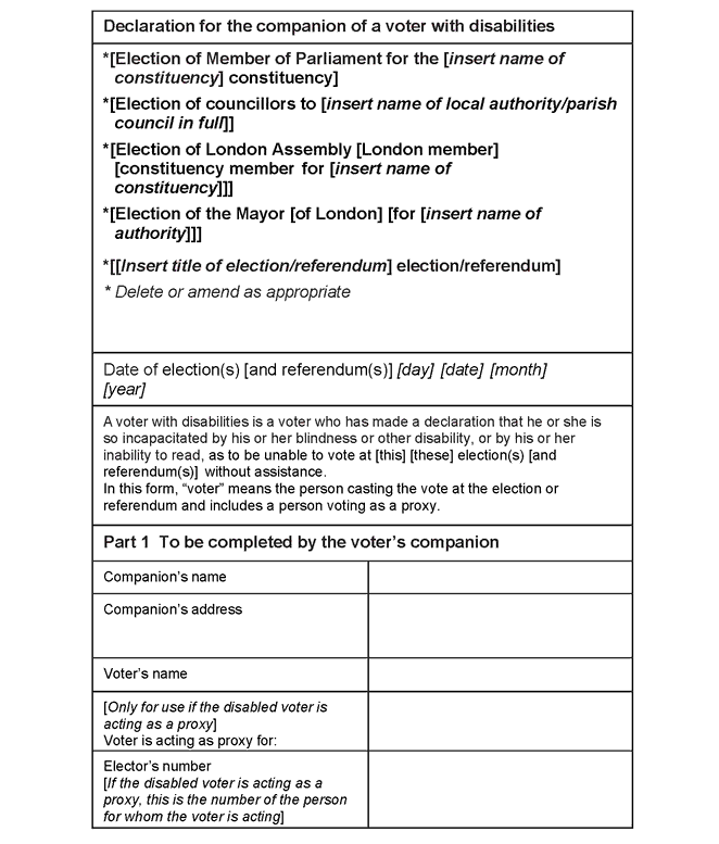 Form of declaration to be made by the companion of a voter with disabilities for a neighbourhood planning referendum combined with another form of election or referendum - page 1