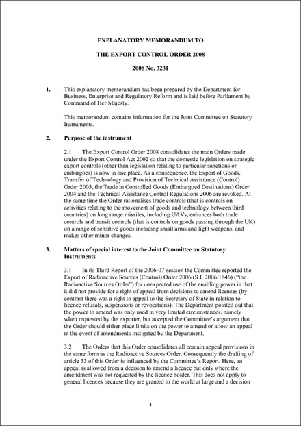 THE EXPORT CONTROL ORDER 2008 - Review of Export Control Legislation (2007) changes not assessed in July 2008