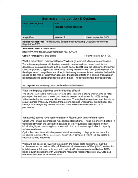 The Measuring Equipment (Intoxicating Liquor) (Amendment) Regulations 2009 (National Measurement Office)
