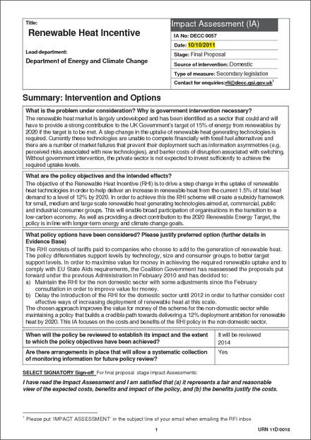 Impact Assessment to The Renewable Heat Incentive Scheme Regulations 2011 (revoked)