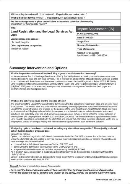 Impact Assessment to The Land Registration (Proper Office) (Amendment) Order 2011