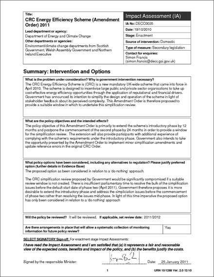 Impact Assessment to The CRC Energy Efficiency Scheme (Amendment) Order 2011