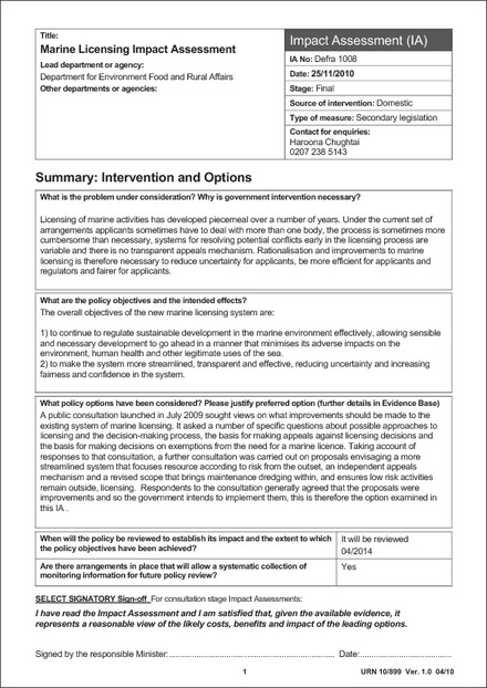 Impact Assessment to The Marine Licensing (Licence Application Appeals) Regulations 2011