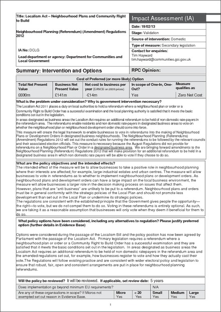 Impact Assessment to The Neighbourhood Planning (Referendums) (Amendment) Regulations 2013