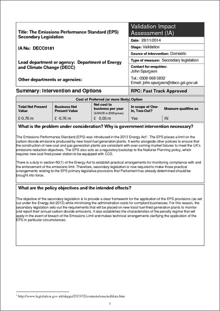 Impact Assessment to The Emissions Performance Standard Regulations 2015