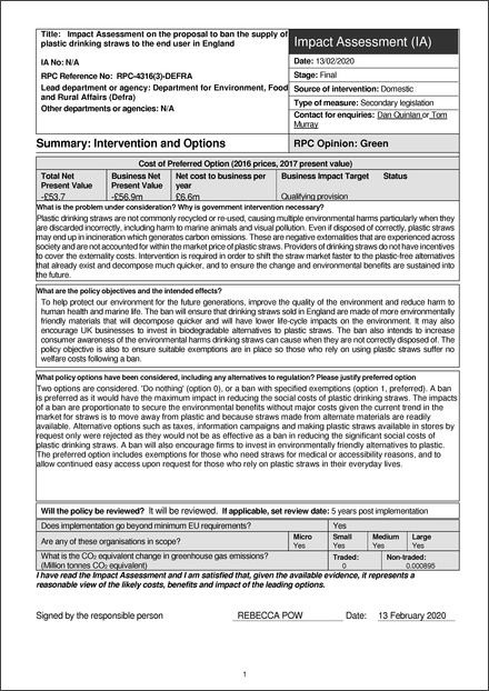 Impact Assessment to The Environmental Protection (Plastic Straws, Cotton Buds and Stirrers) (England) Regulations 2020