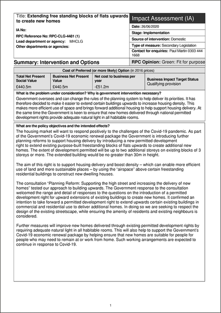 Impact Assessment to The Town and Country Planning (Permitted Development and Miscellaneous Amendments) (England) (Coronavirus) Regulations 2020