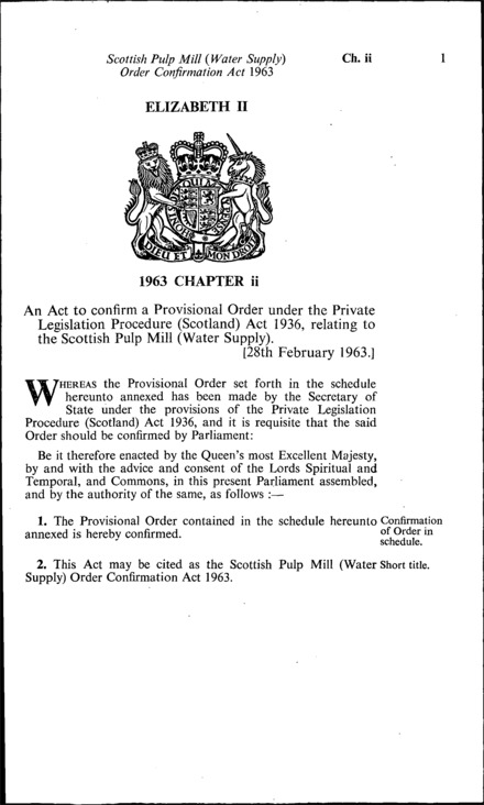 Scottish Pulp Mill (Water Supply) Order Confirmation Act 1963