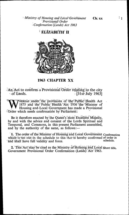 Ministry of Housing and Local Government Provisional Order Confirmation (Leeds) Act 1963