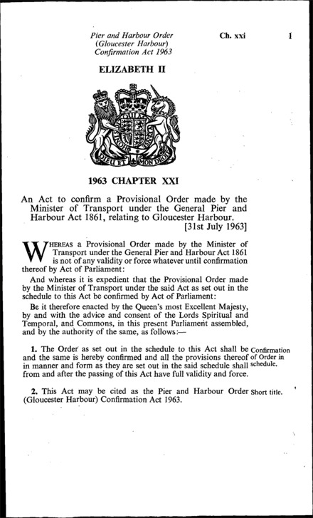 Pier and Harbour Order (Gloucester Harbour) Confirmation Act 1963