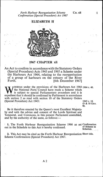 Forth Harbour Reorganisation Scheme Confirmation (Special Procedure) Act 1967