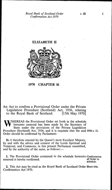 Royal Bank of Scotland Order Confirmation Act 1970