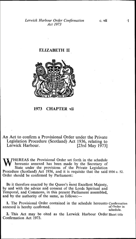 Lerwick Harbour Order Confirmation Act 1973