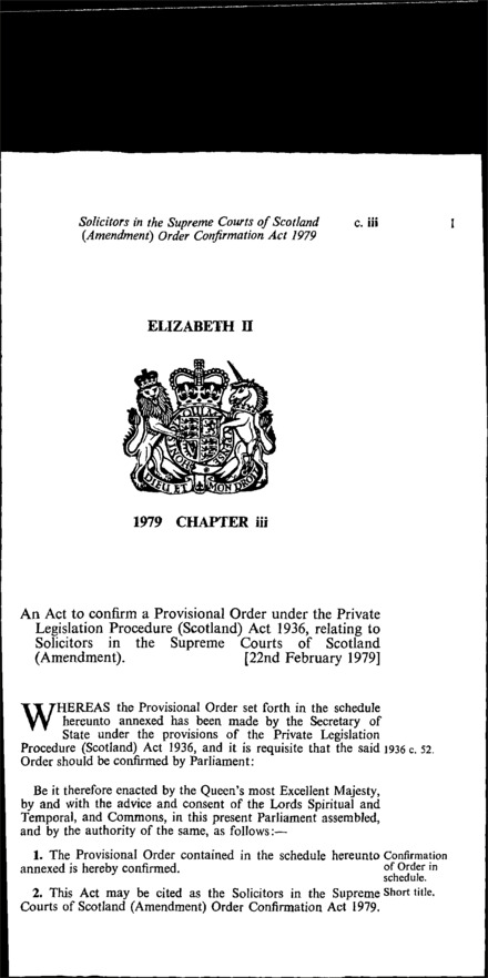 Solicitors in the Supreme Courts of Scotland (Amendment) Order Confirmation Act 1979