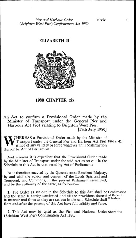 Pier and Harbour Order (Brighton West Pier) Confirmation Act 1980