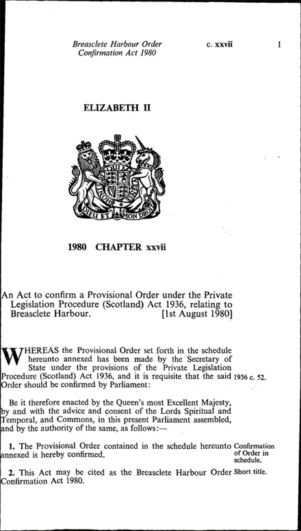 Breasclete Harbour Order Confirmation Act 1980