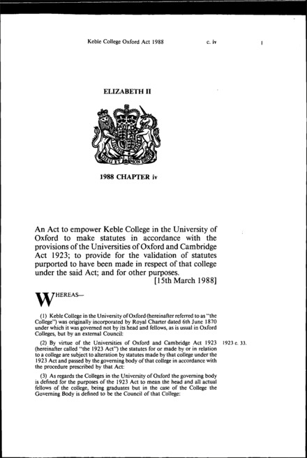 Keble College London Act 1988