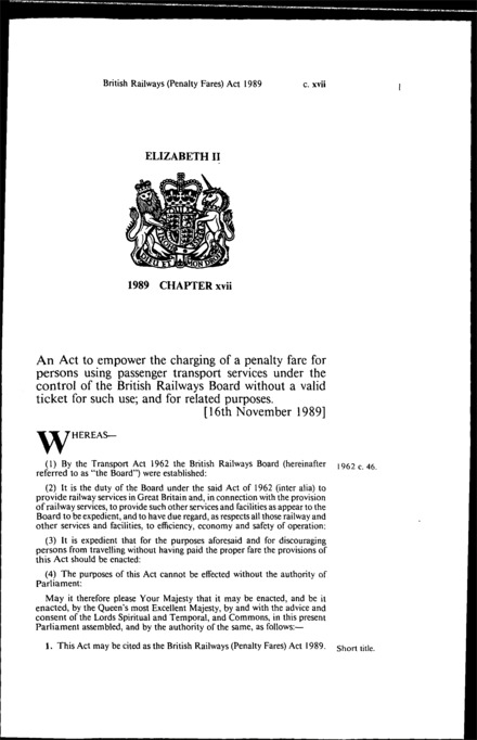 British Railways (Penalty Fares) Act 1989