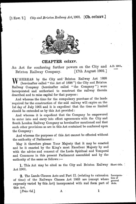 City and Brixton Railway Act 1901