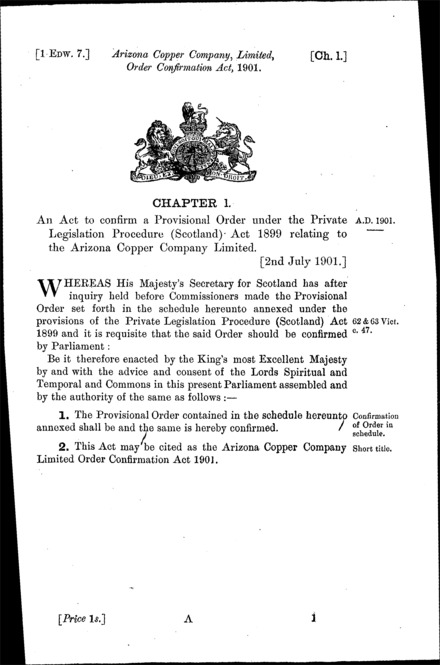 Arizona Copper Company Order Confirmation Act 1901