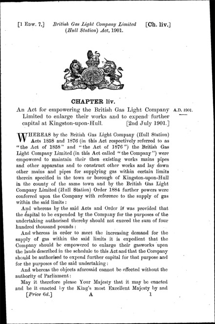 British Gas Light Company (Hull Station) Act 1901