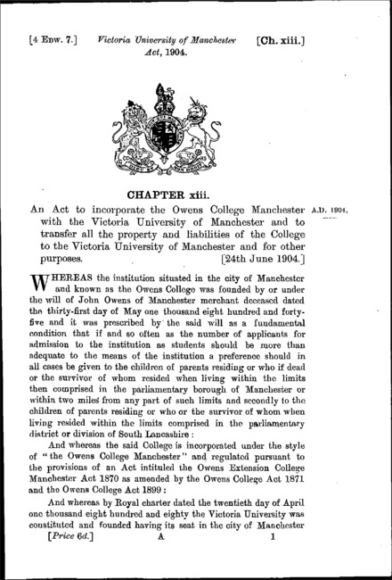 Victoria University of Manchester Act 1904