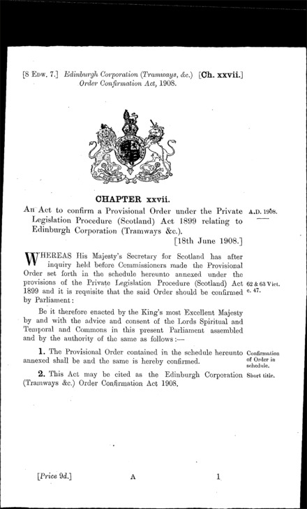 Edinburgh Corporation (Tramways, &c.) Order Confirmation Act 1908