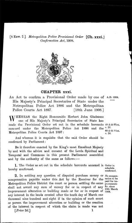 Metropolitan Police Provisional Order Confirmation Act 1908
